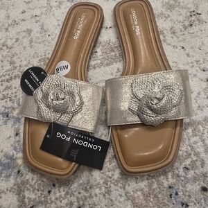 London Fog Metallic Gold Floral Slide Mules